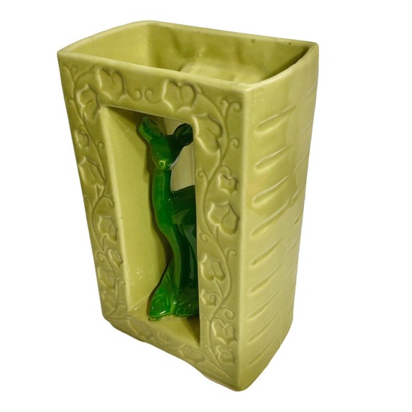 Vintage Shawnee Pottery Double Vase 850 Chartreuse Green Deer Ivy Mid Century - Picture 5 of 11